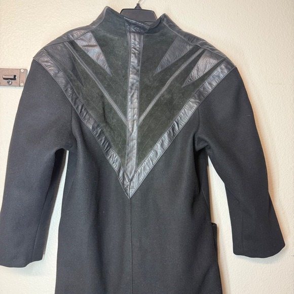 VTG Wool Long Coat Jacket Womens 4 Black Leather Trim David Benjamin Winter FLAW - Picture 11 of 11